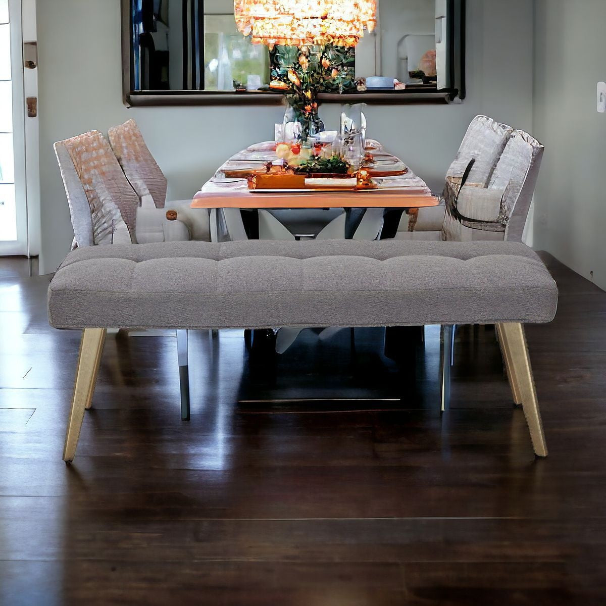 47" Gray and Antiqued Brass Tufted Linen Blend Upholstered Dining Bench