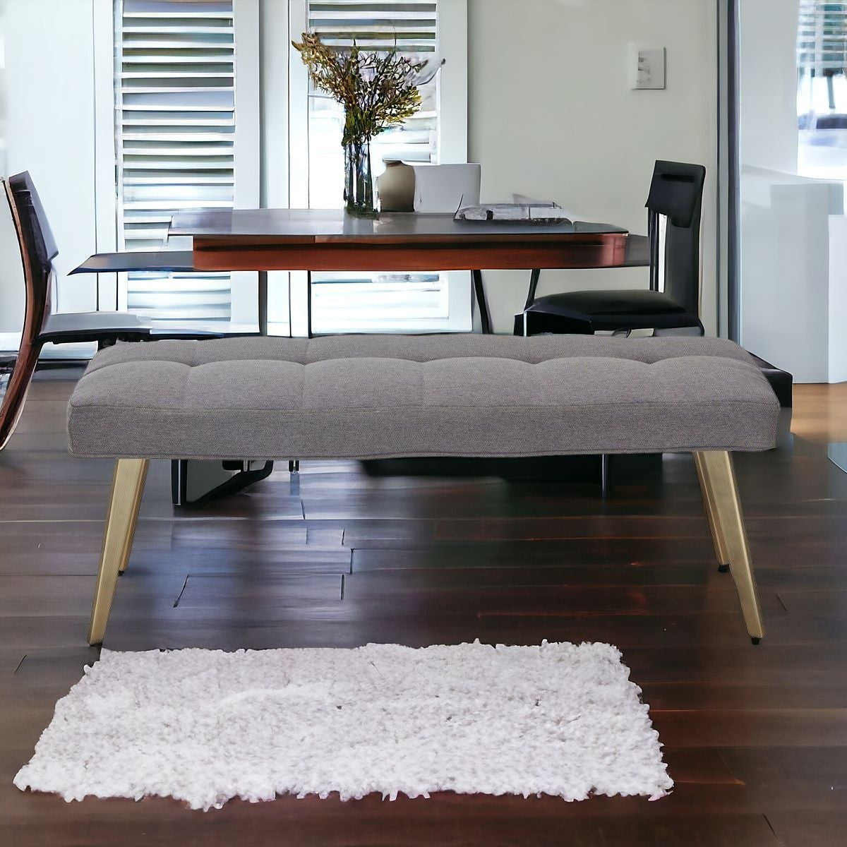 47" Gray and Antiqued Brass Upholstered Linen Blend Dining Bench