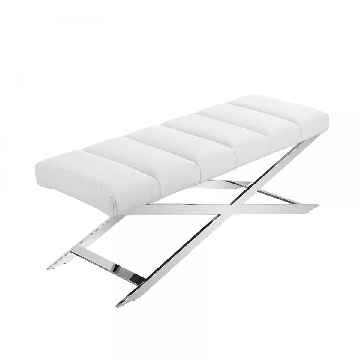 47" White and Silver Upholstered Faux Leather Dining Bench