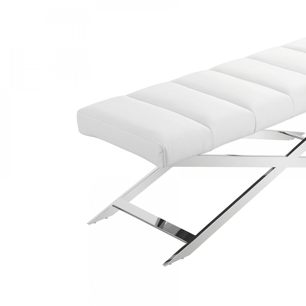 47" White and Silver Tufted Faux Leather Upholstered Dining Bench