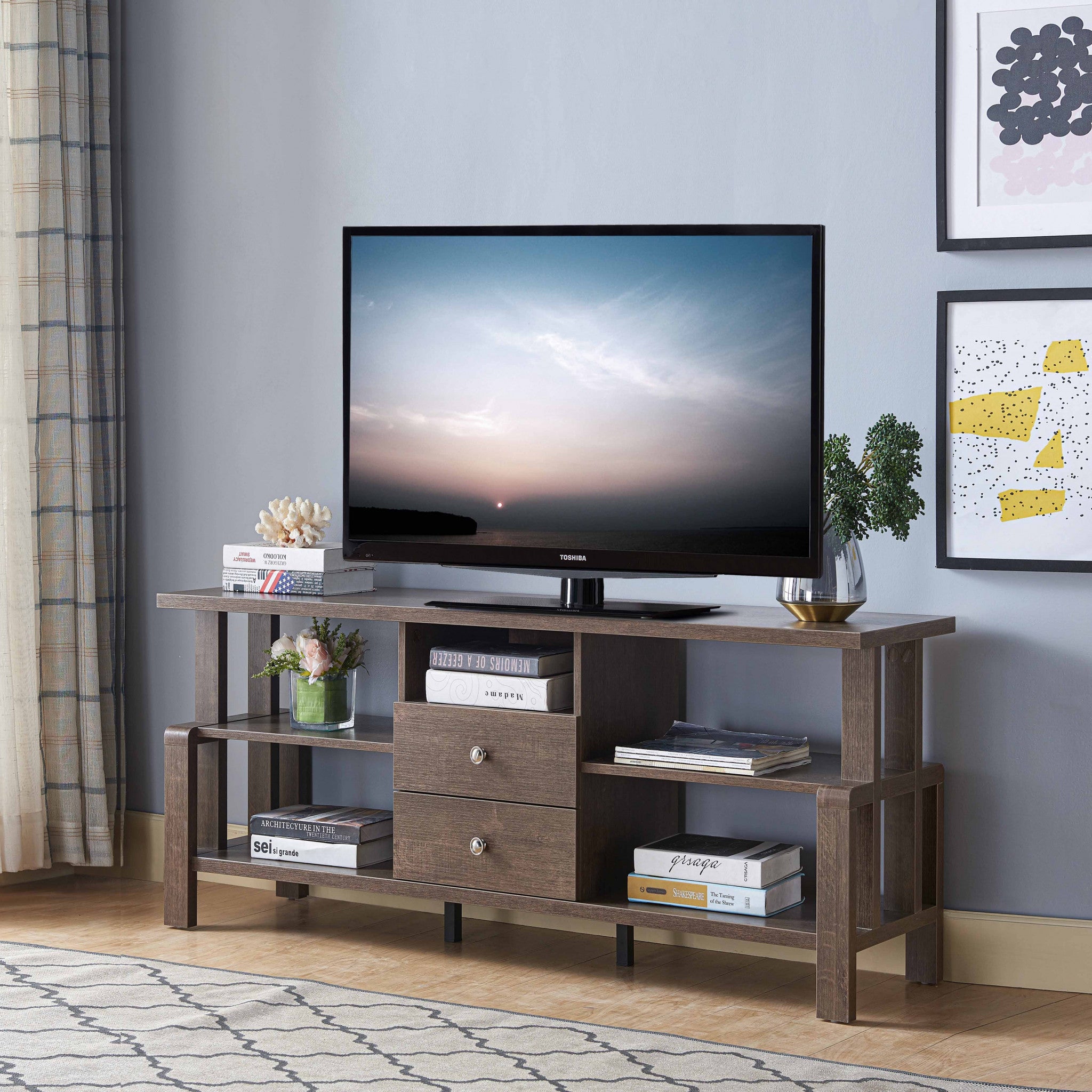 47" Brown Particle Board And Mdf Cabinet Enclosed Storage TV Stand