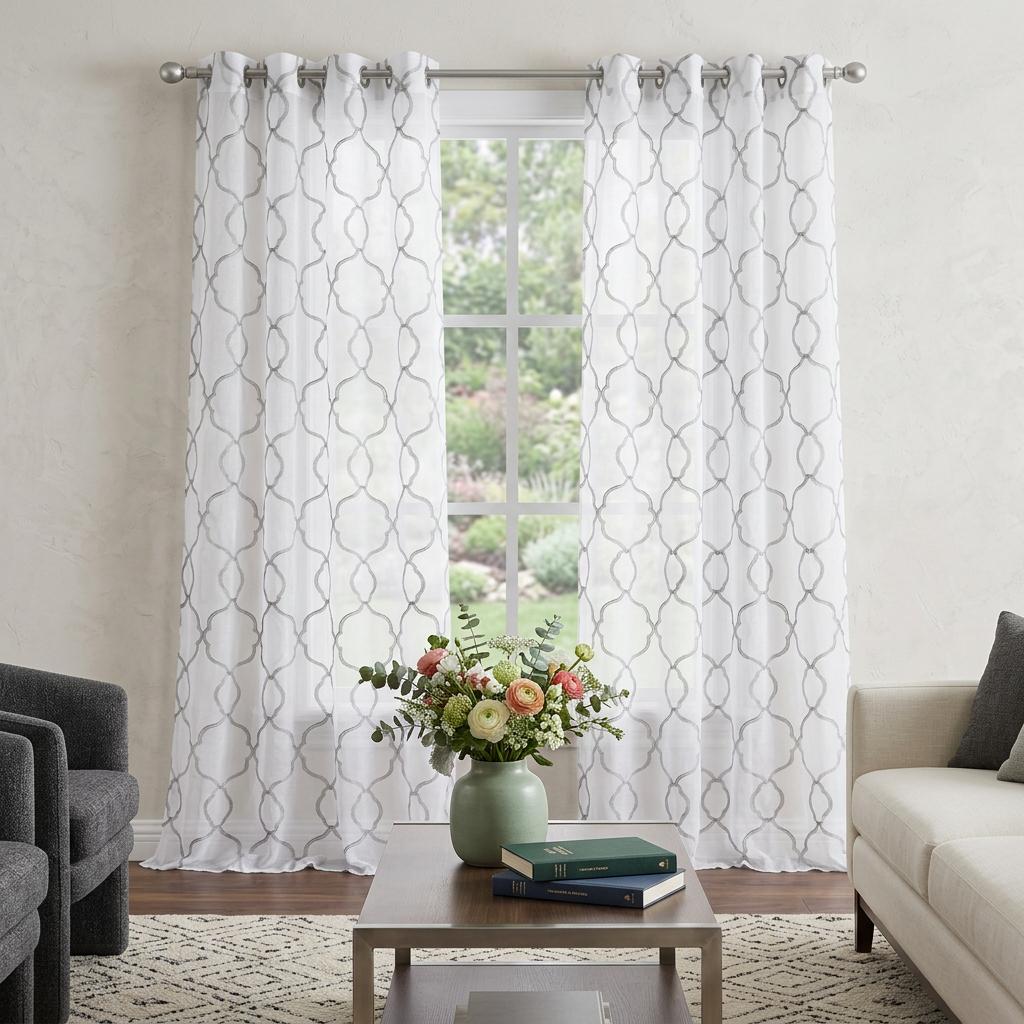 84” Silver Trellis Pattern Embroidered Window Curtain Panel