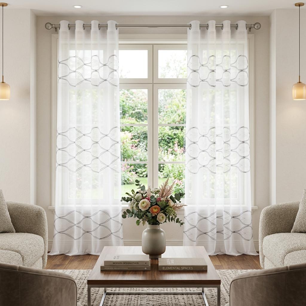 Set of Two 96"  White Wave Embroidered Window Panels
