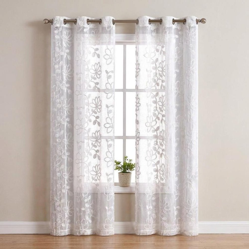 Set of Two 96" White Floral Embroidered Window Panels