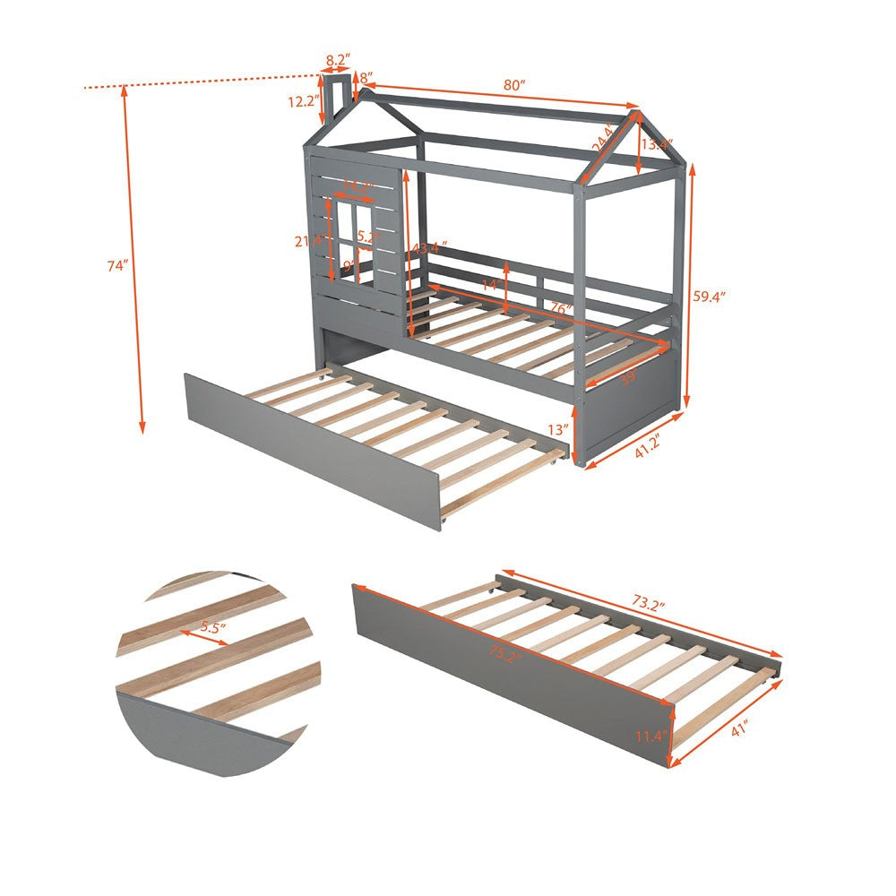 Gray Wood Twin Bed Frame with Trundle