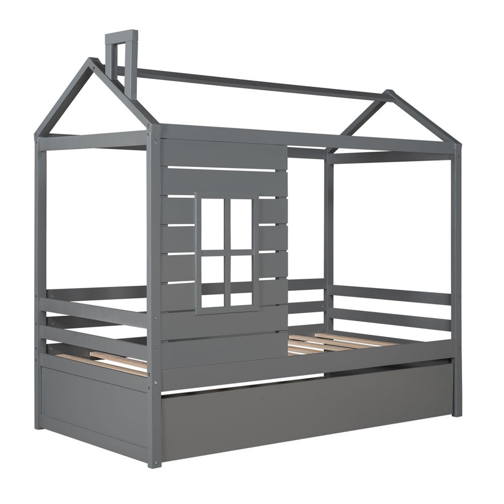 Gray Wood Twin Bed Frame with Trundle