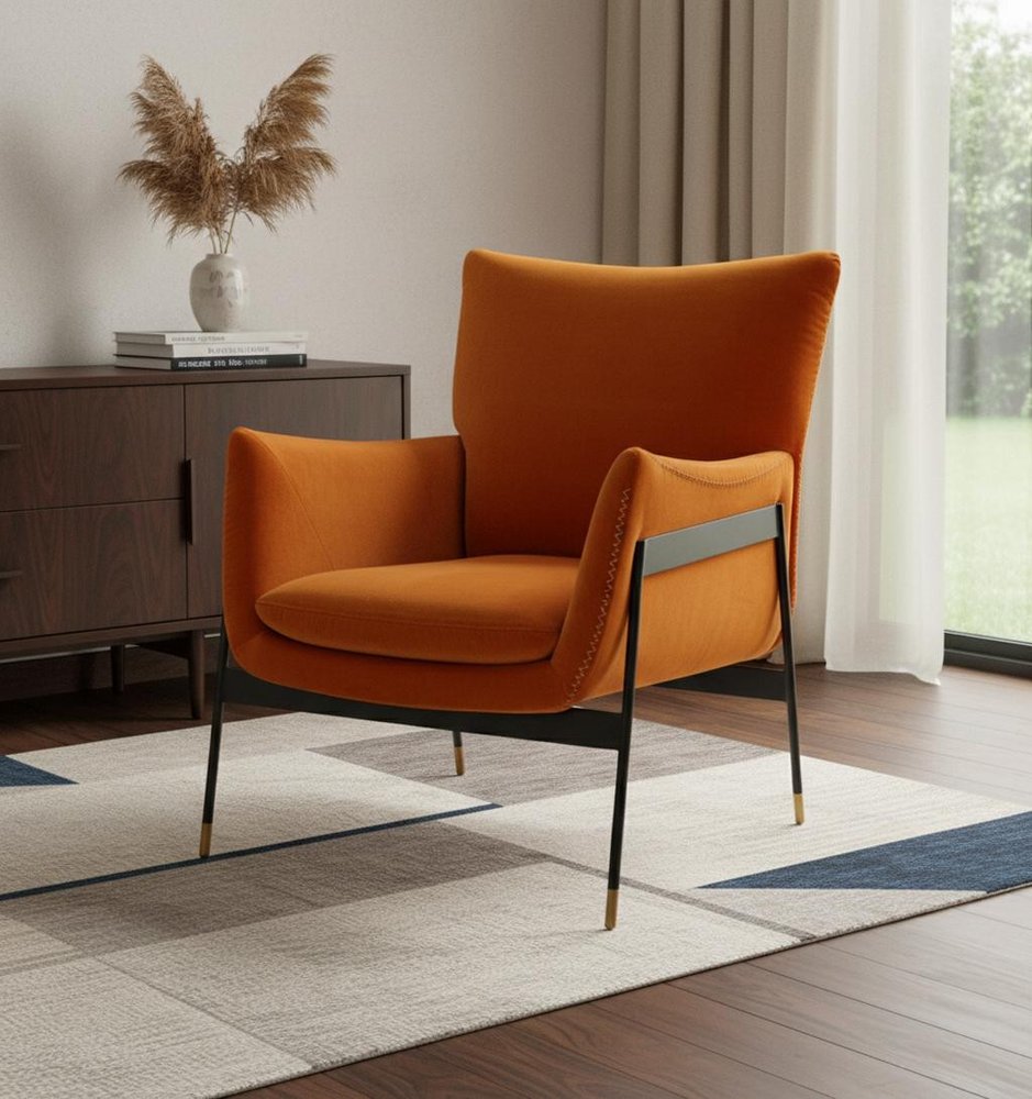 26" Orange And Black Velvet Wingback Chair