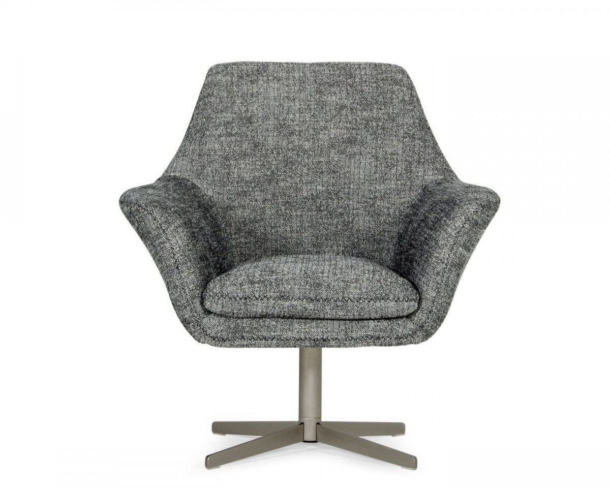 32" Dark Slate Gray And Gray And Silver Upholstered Geometric Swivel Arm Chair
