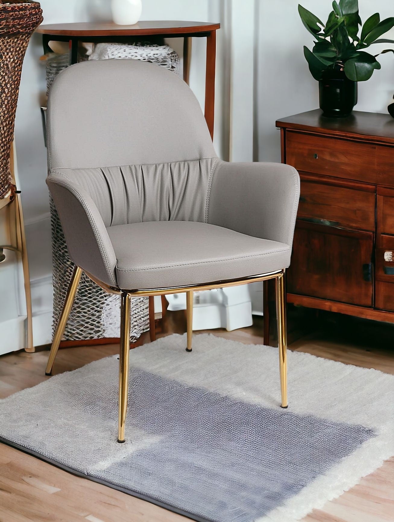 26" Gray And Gold Faux Leather Arm Chair