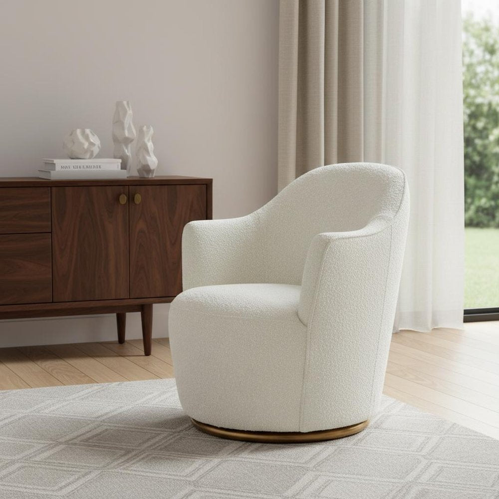 29" White And Gold Upholstered Swivel Barrel Chair