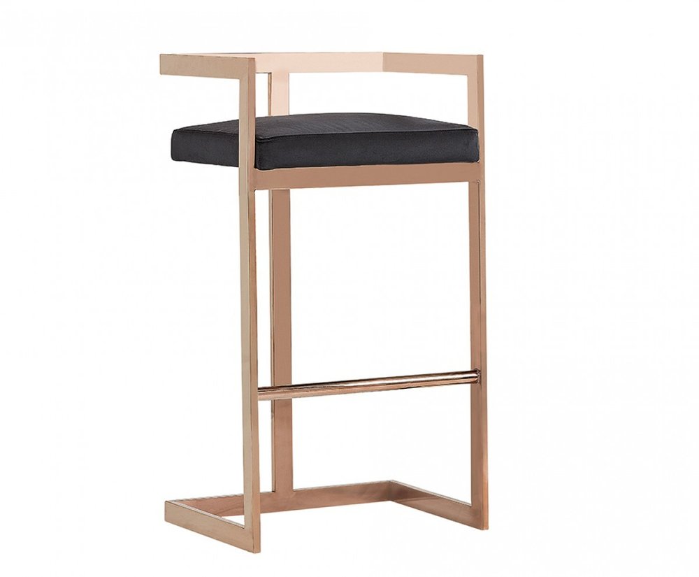 30" Black And Rose Gold Velvet And Steel Low Back Bar Height Bar Chair