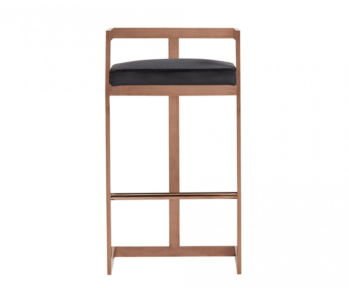 30" Black And Rose Gold Velvet And Stainless Steel Low Back Bar Height Bar Chair