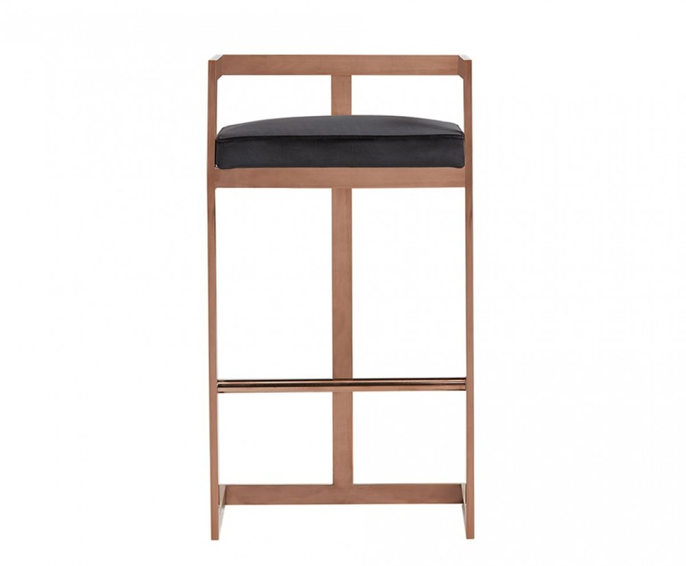 30" Black And Rose Gold Velvet And Steel Low Back Bar Height Bar Chair