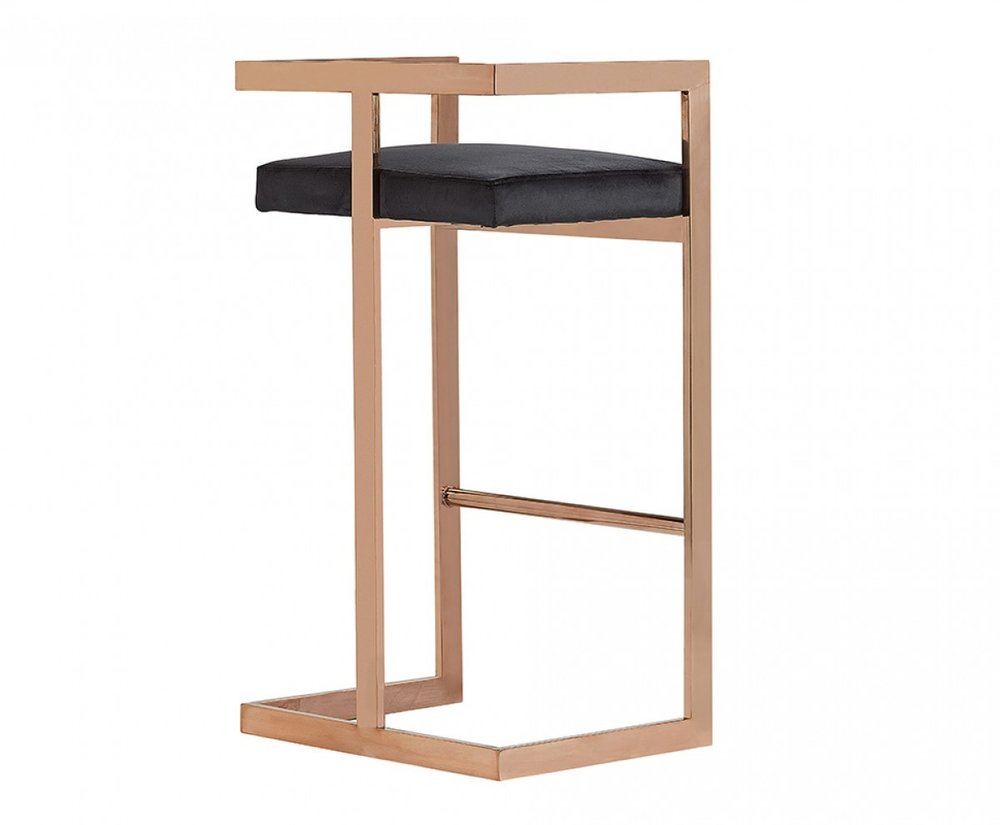 30" Black And Rose Gold Velvet And Steel Low Back Bar Height Bar Chair