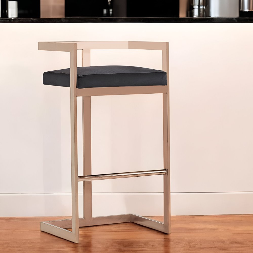 30" Black And Rose Gold Velvet And Steel Low Back Bar Height Bar Chair