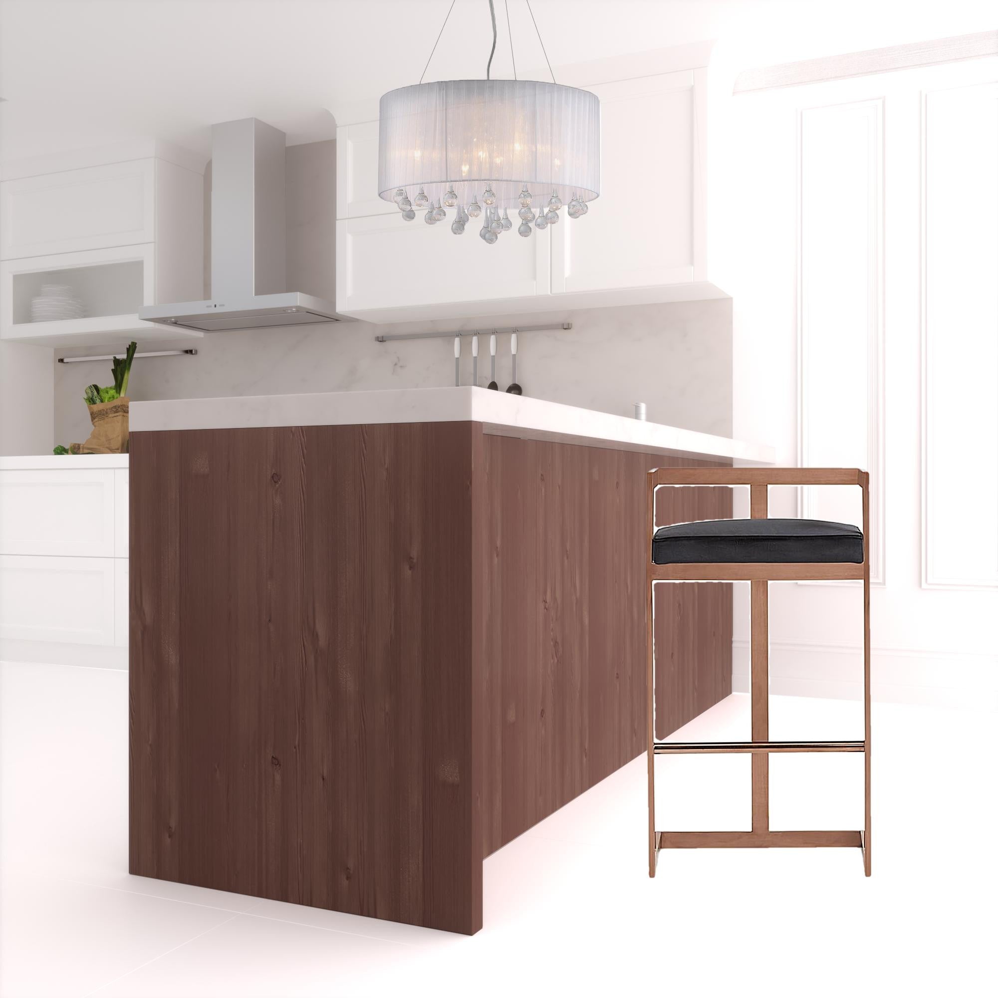 30" Black And Rose Gold Velvet And Stainless Steel Low Back Bar Height Bar Chair