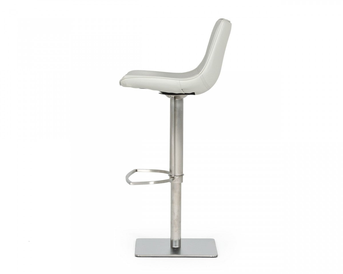29" Light Gray And Silver Faux Leather And Stainless Steel Swivel Low Back Bar Height Bar Chair