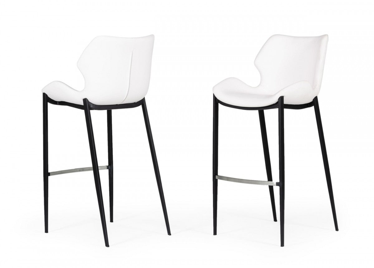 Set of Two 30" White And Black Faux Leather And Steel Low Back Bar Height Bar Chairs