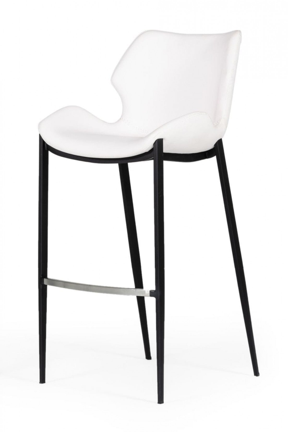 Set of Two 30" White And Black Faux Leather And Steel Low Back Bar Height Bar Chairs