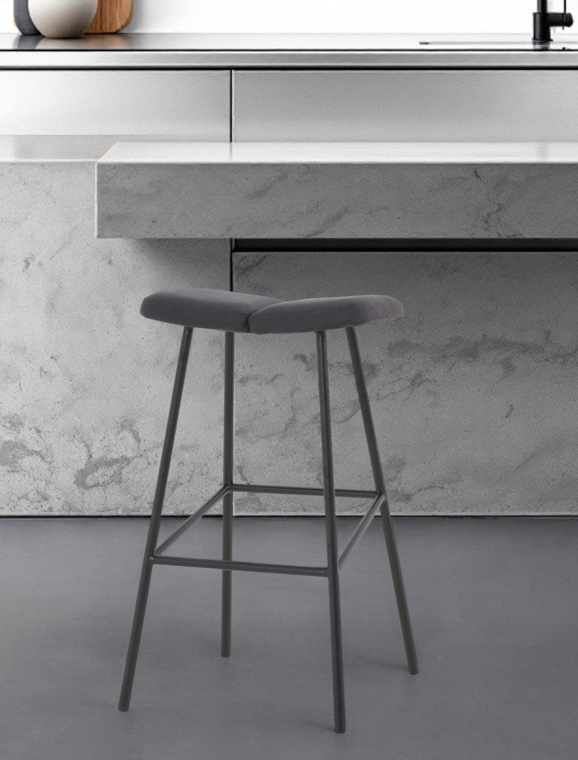 30" Gray And Black Fabric And Steel Backless Bar Height Bar Chair