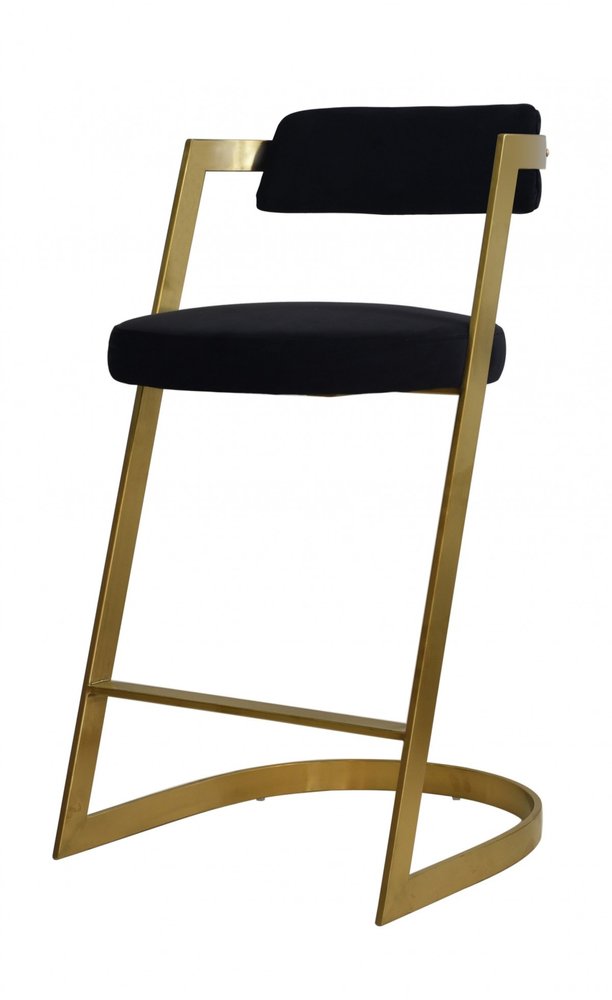 26" Black And Gold Velvet And Steel Low Back Counter Height Bar Chair