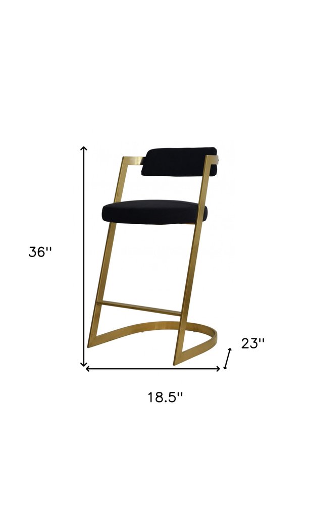26" Black And Gold Velvet And Steel Low Back Counter Height Bar Chair