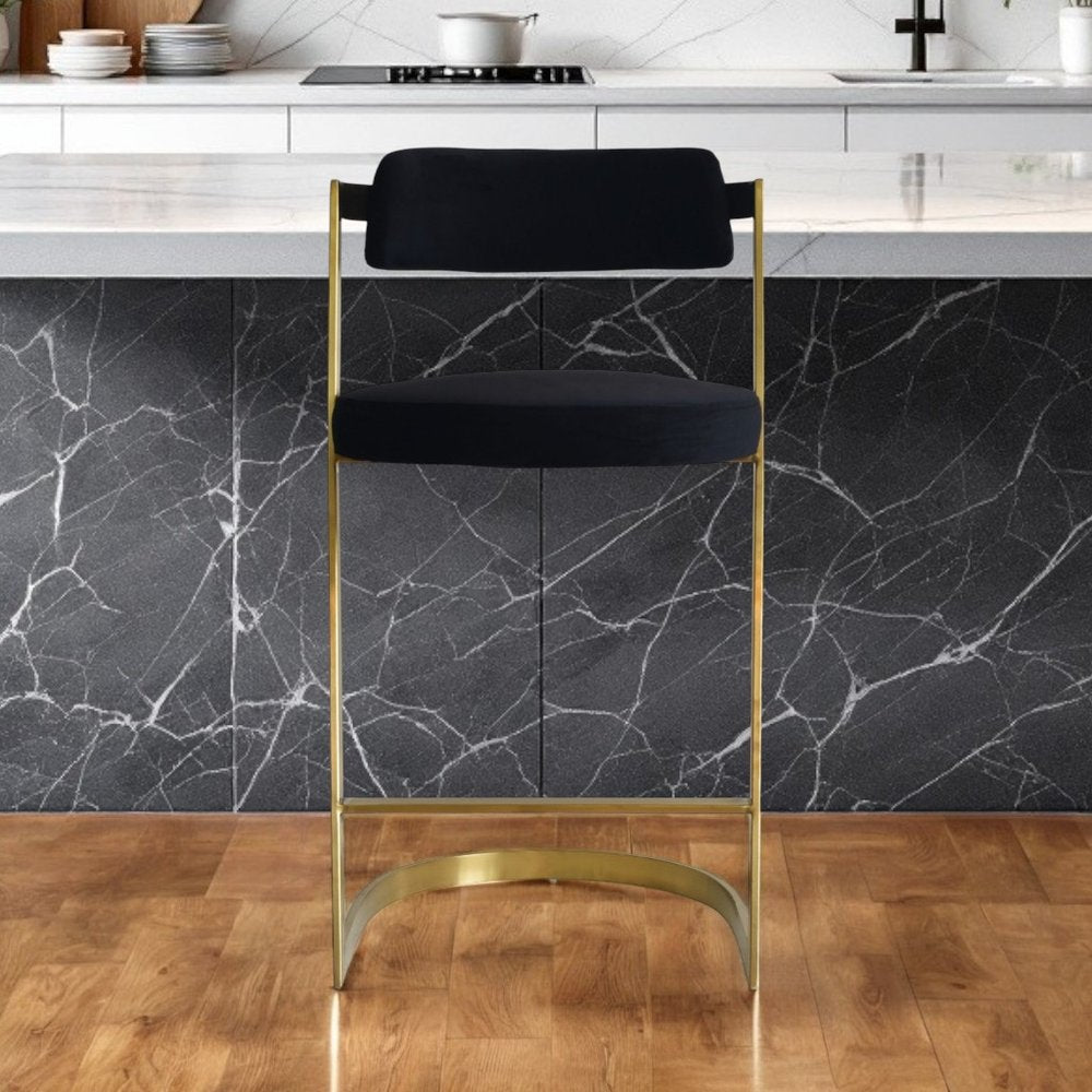 26" Black And Gold Velvet And Steel Low Back Counter Height Bar Chair