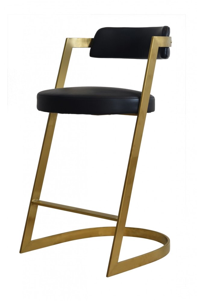 26" Black And Gold Faux Leather And Steel Low Back Counter Height Bar Chair