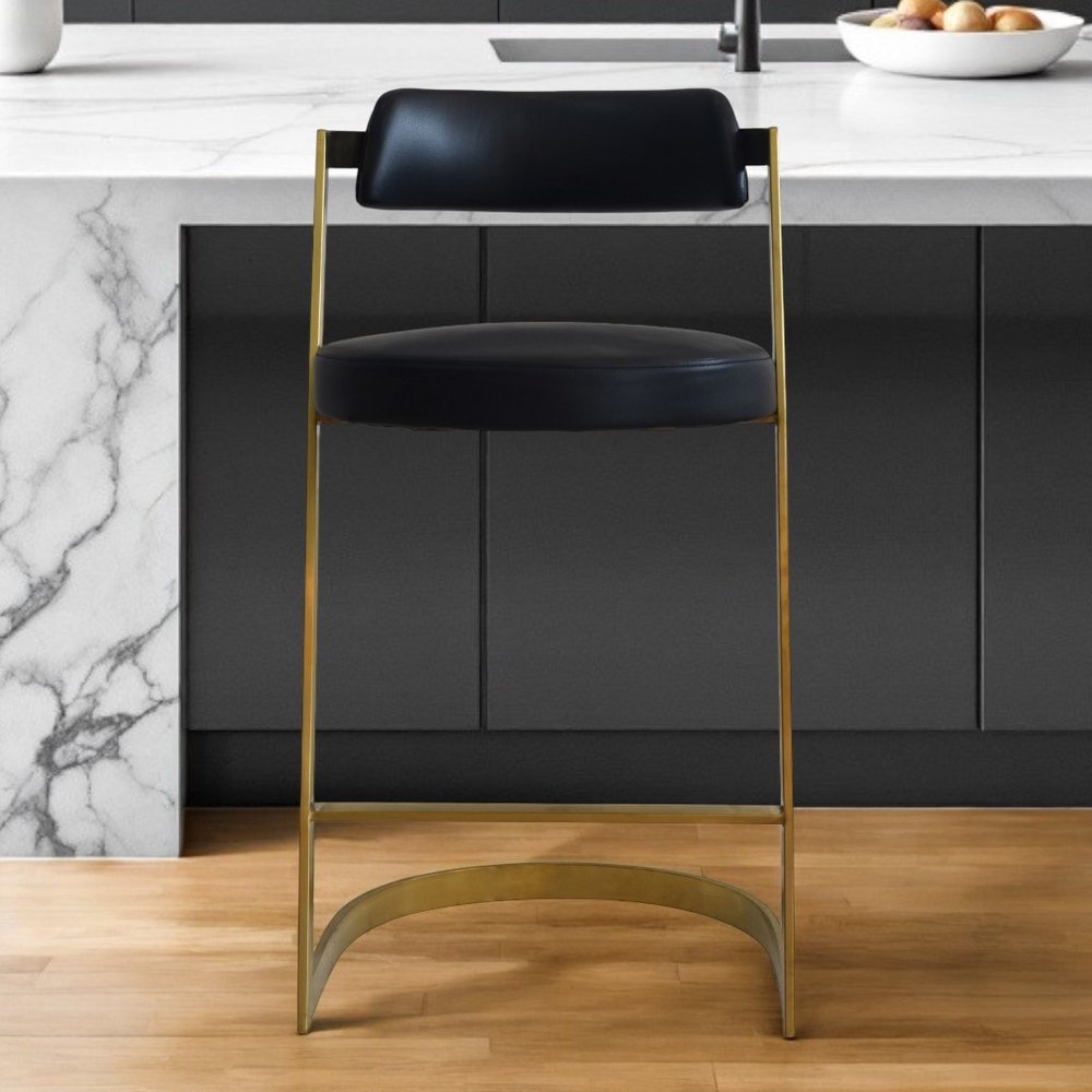 26" Black And Gold Faux Leather And Steel Low Back Counter Height Bar Chair