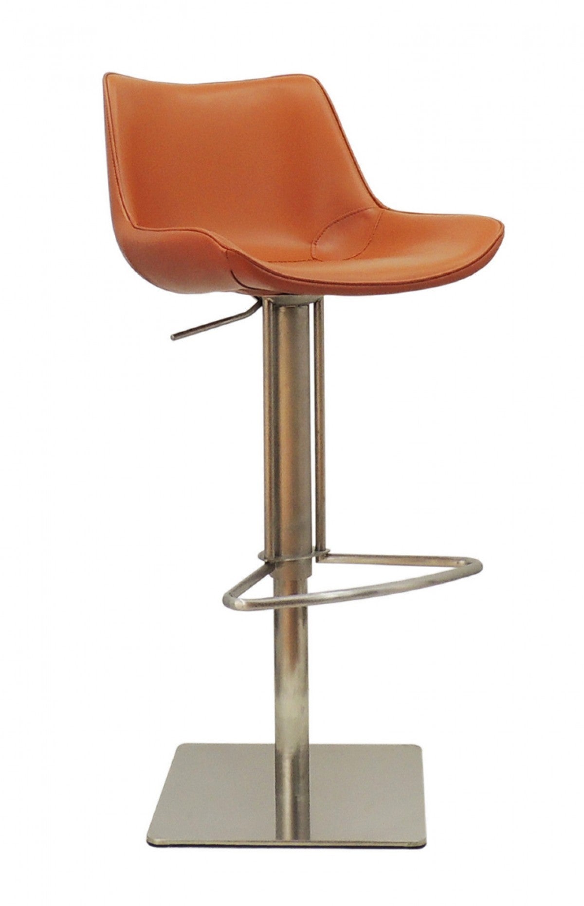 31" Terra Cotta And Silver Faux Leather And Stainless Steel Swivel Bar Height Bar Chair