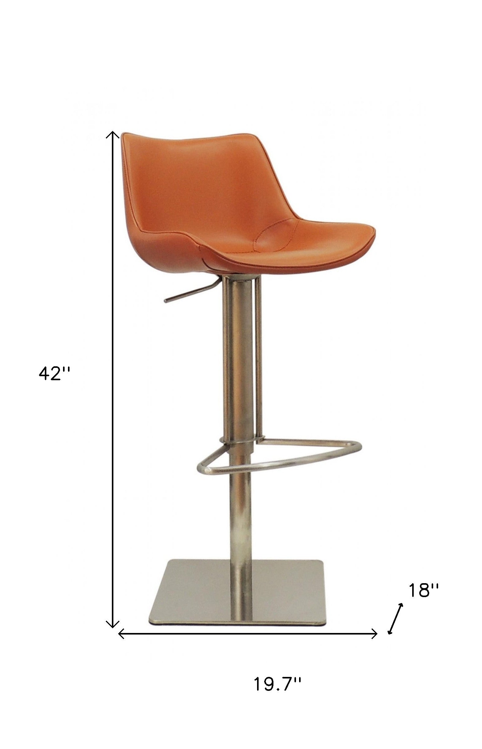 31" Terra Cotta And Silver Faux Leather And Stainless Steel Swivel Bar Height Bar Chair