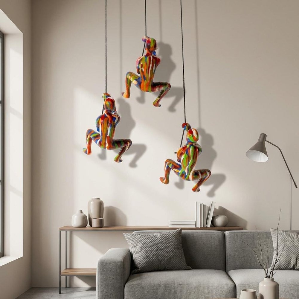 Set of Three Rainbow People Resin Climbing Man Hanging Dimensional Sculpture