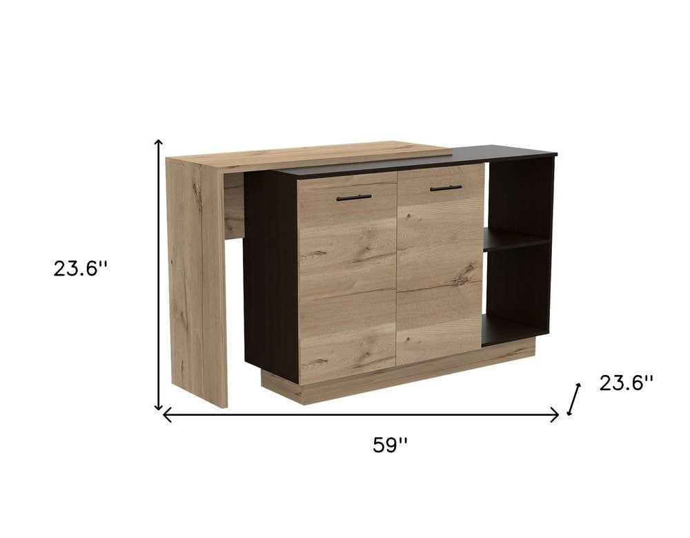 Natural and Natural And Black 59" Kitchen Island With Storage