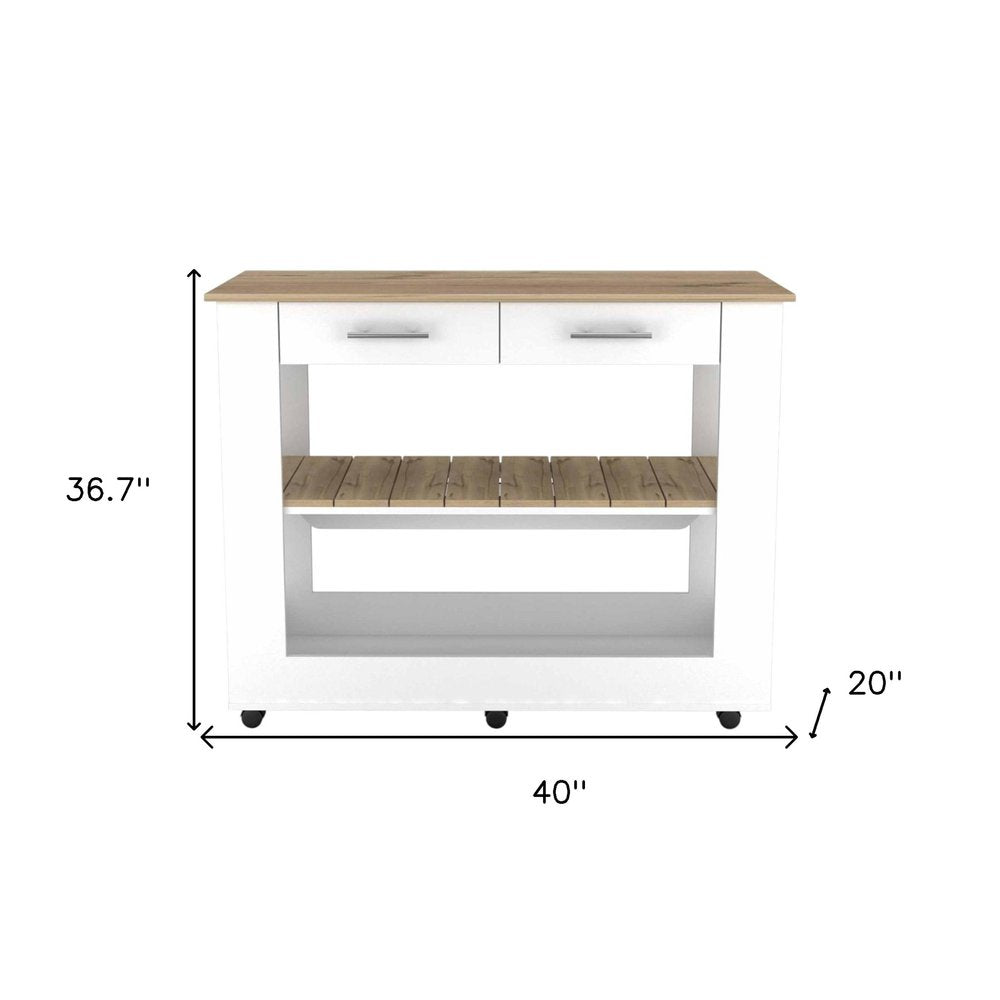 White and Brown 40" Rolling Kitchen Cart With Storage
