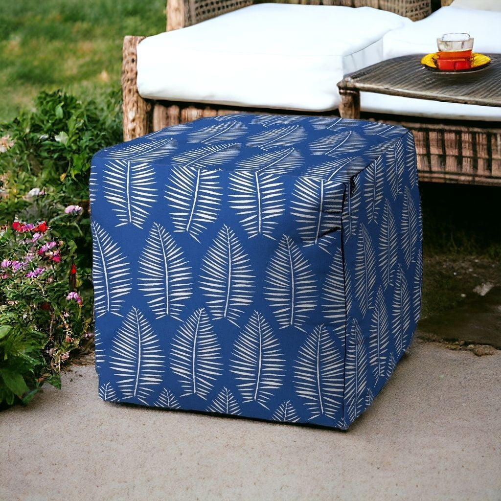 17" Blue and White Polyester Cube Floral Outdoor Pouf Ottoman