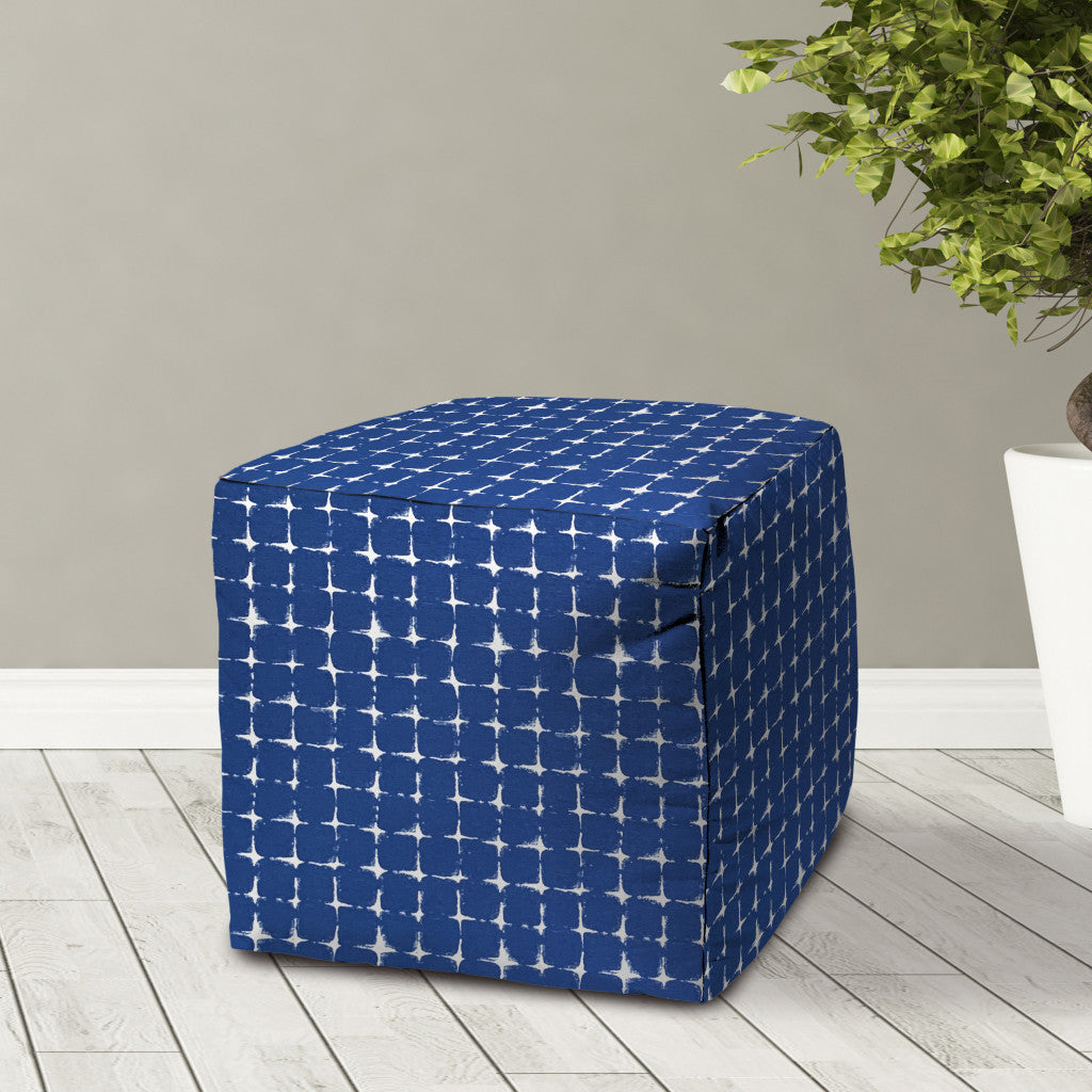 17" Blue and White Polyester Cube Geometric Outdoor Pouf Ottoman