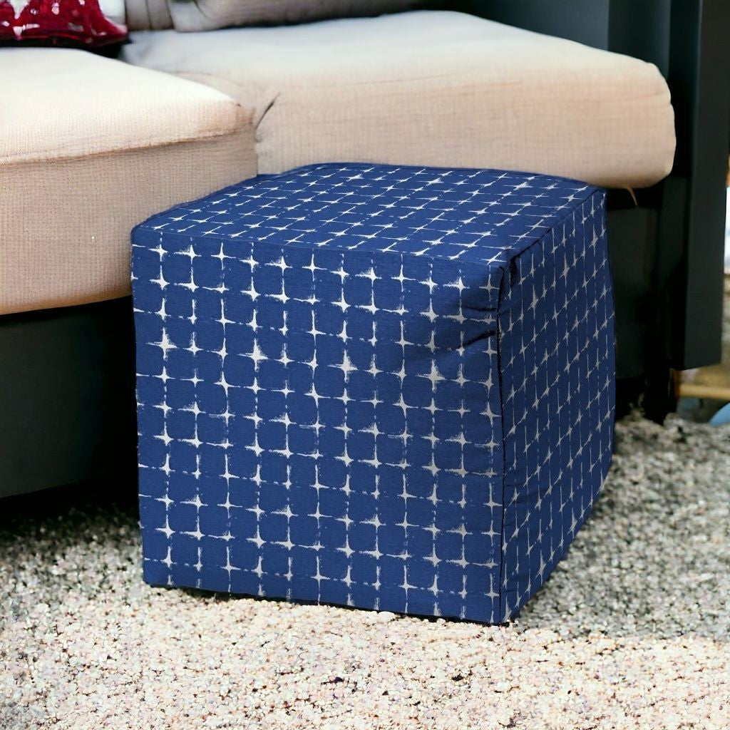 17" Blue and White Polyester Cube Geometric Outdoor Pouf Ottoman