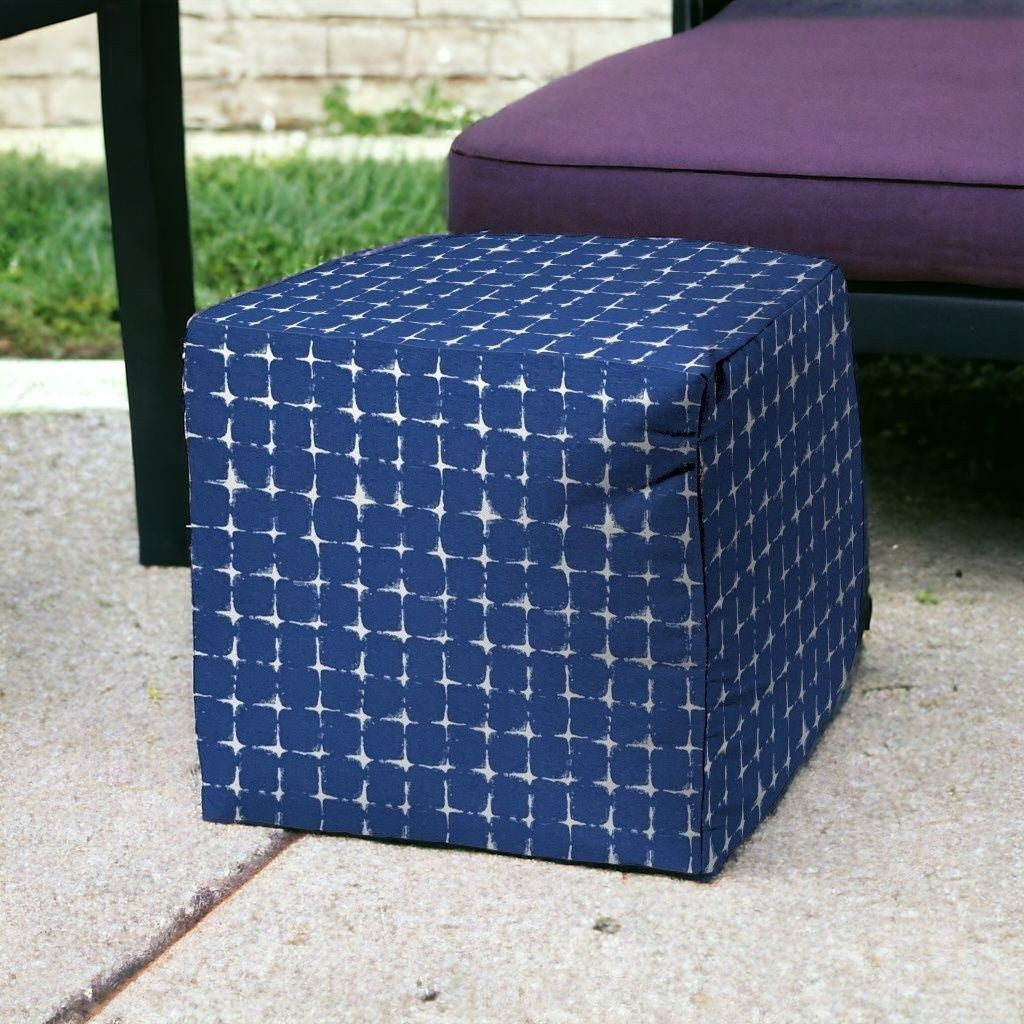 17" Blue and White Polyester Cube Geometric Outdoor Pouf Ottoman