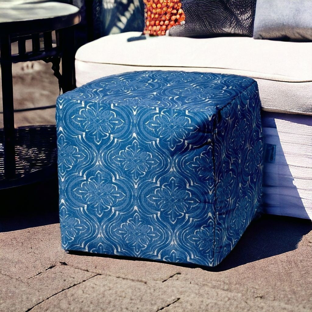 17" Blue and White Polyester Cube Damask Outdoor Pouf Ottoman