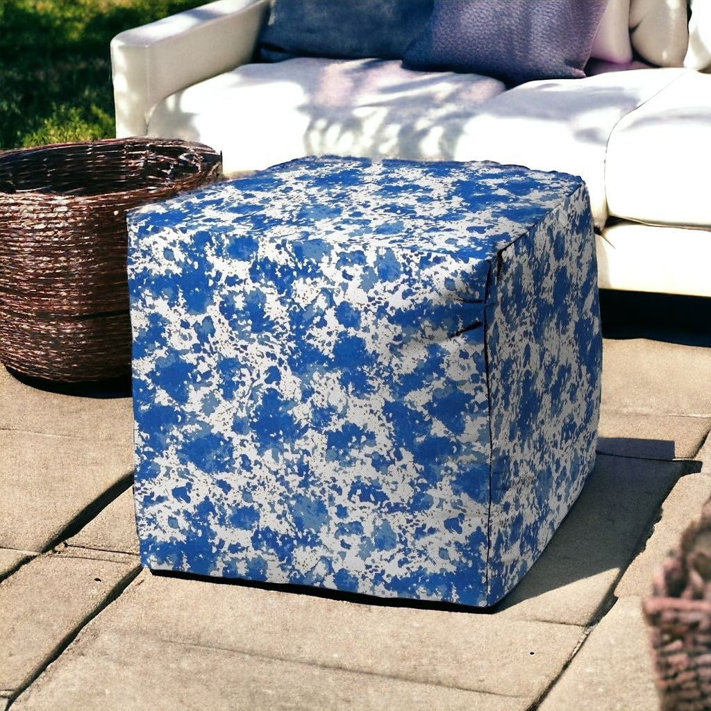 17" Blue and White Polyester Cube Abstract Outdoor Pouf Ottoman