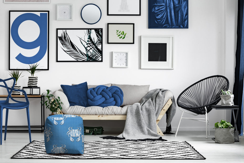 17" Blue and White Polyester Cube Crab Outdoor Pouf Ottoman