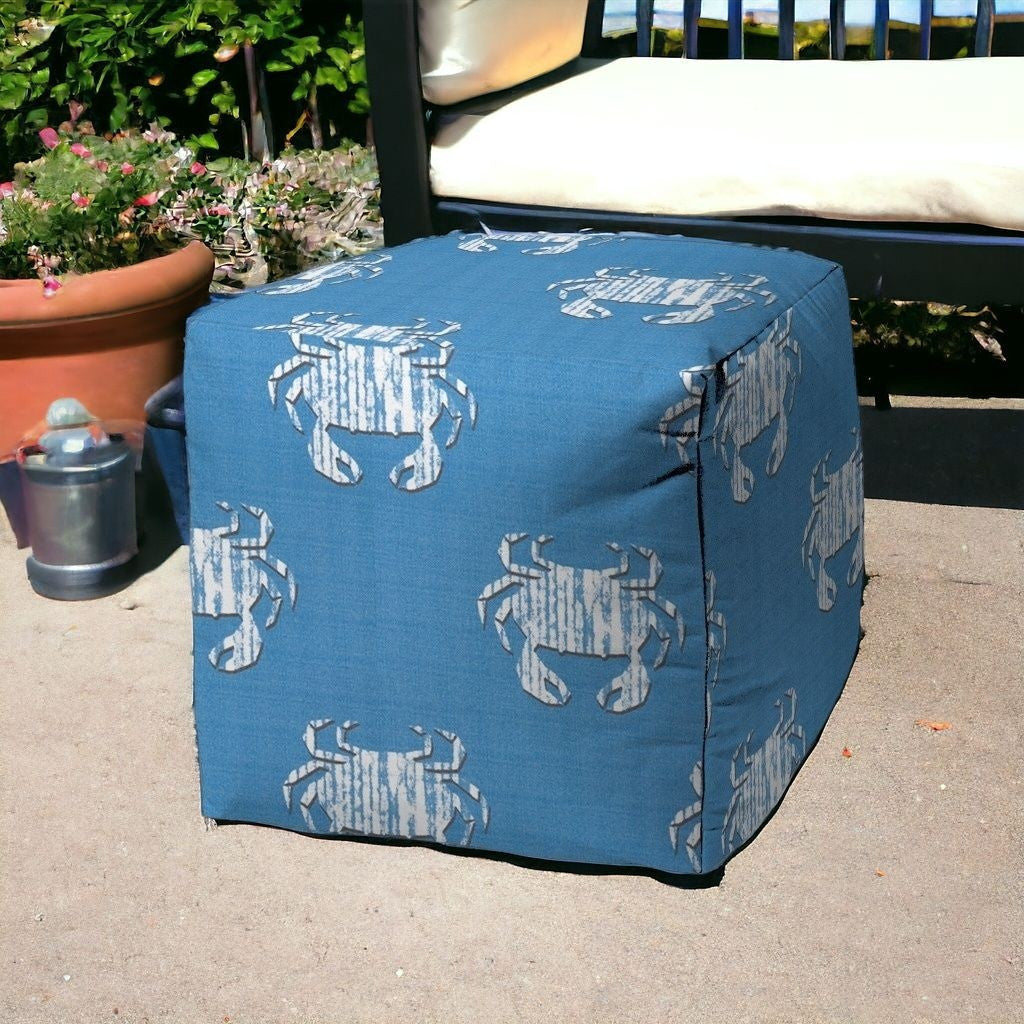 17" Blue and White Polyester Cube Crab Outdoor Pouf Ottoman