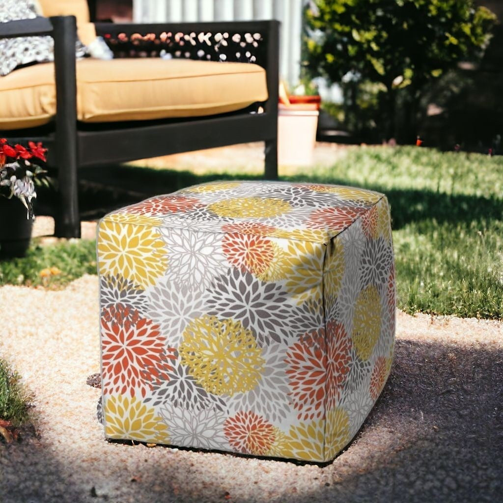 17" Yellow Gray and White Polyester Cube Floral Outdoor Pouf Ottoman