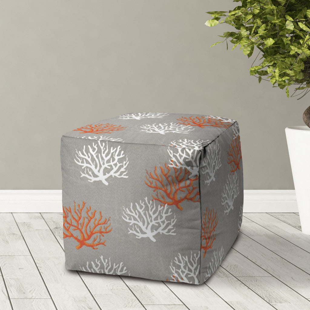 17" Gray White and Orange Polyester Cube Coral Outdoor Pouf Ottoman