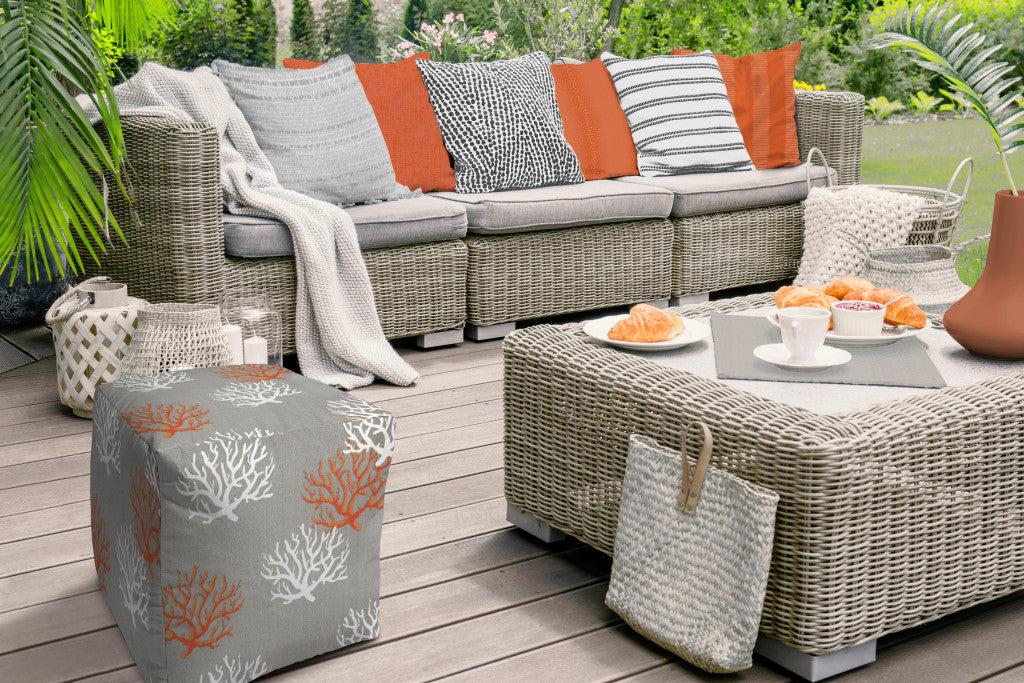 17" Gray White and Orange Polyester Cube Coral Outdoor Pouf Ottoman