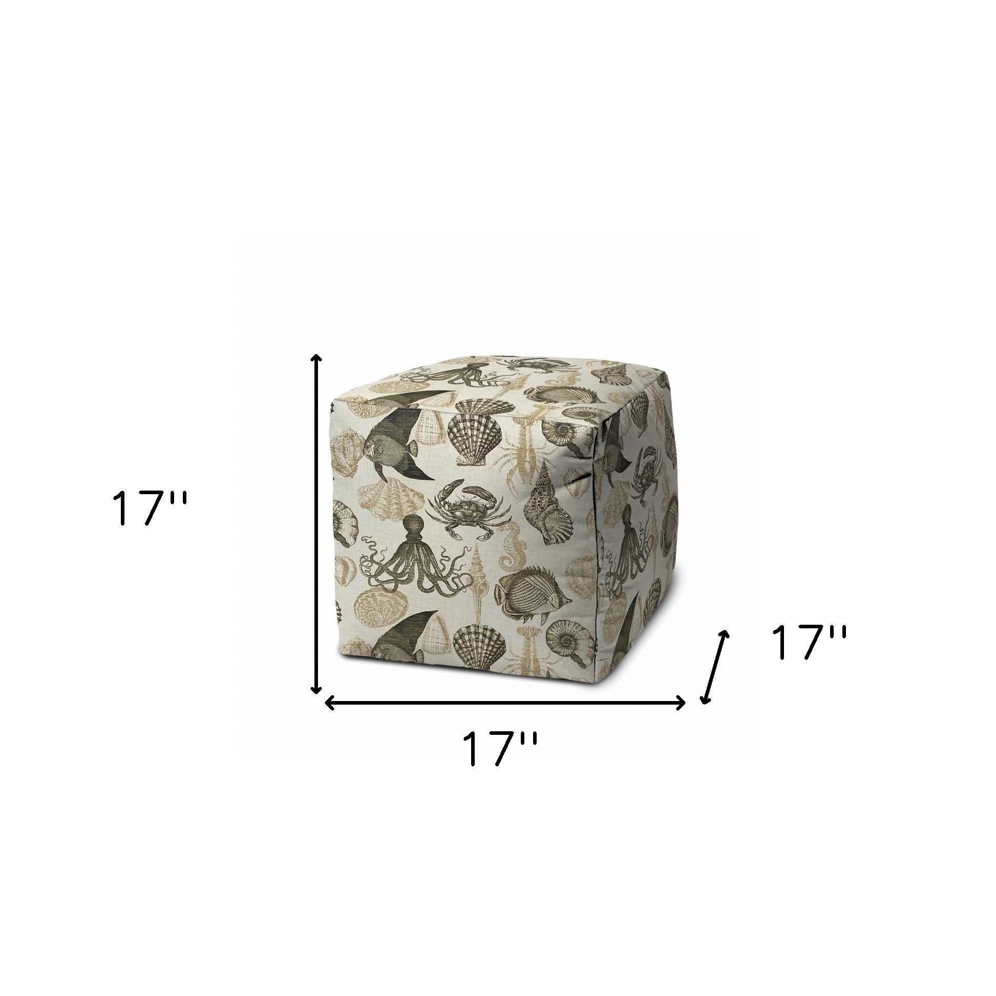 17" Taupe Gray and Beige Polyester Cube Coastal Outdoor Pouf Ottoman