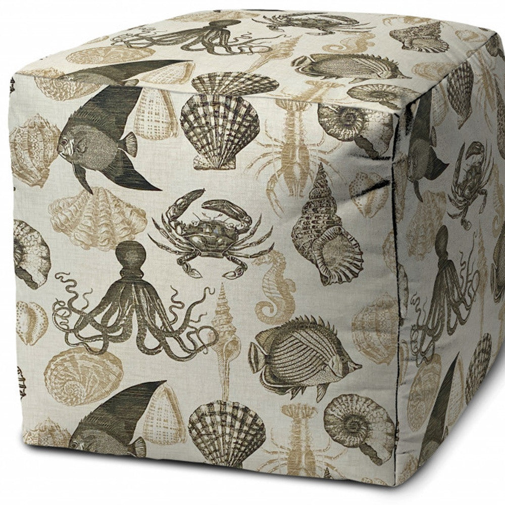 17" Taupe Gray and Beige Polyester Cube Coastal Outdoor Pouf Ottoman