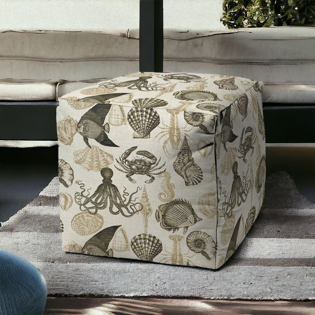 17" Taupe Gray and Beige Polyester Cube Coastal Outdoor Pouf Ottoman