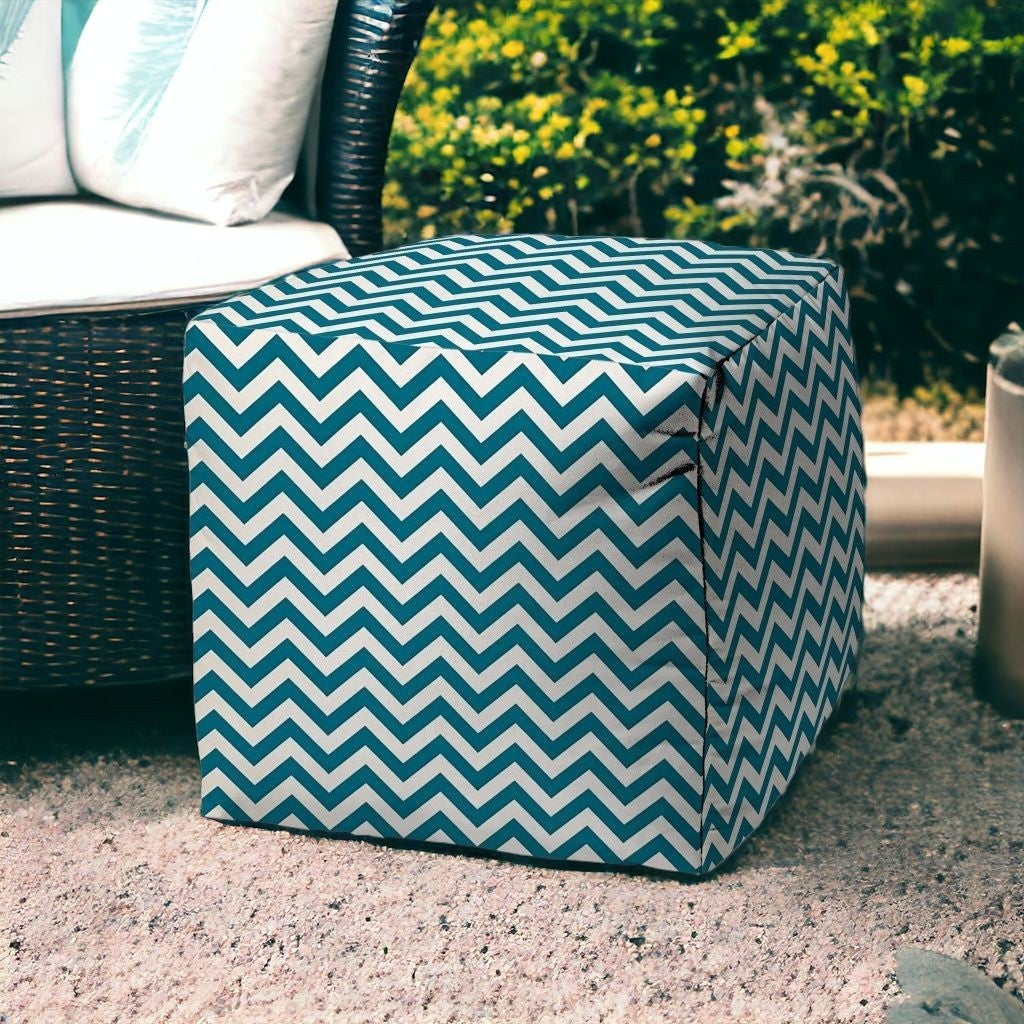 17" Turquoise and White Polyester Cube Chevron Outdoor Pouf Ottoman