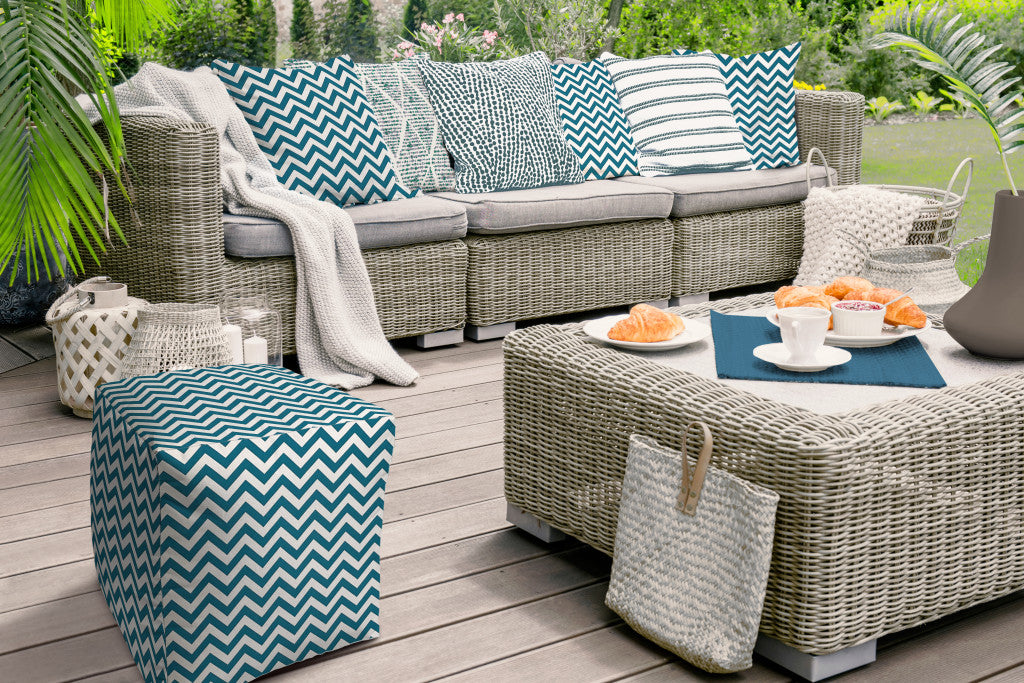 17" Turquoise and White Polyester Cube Chevron Outdoor Pouf Ottoman